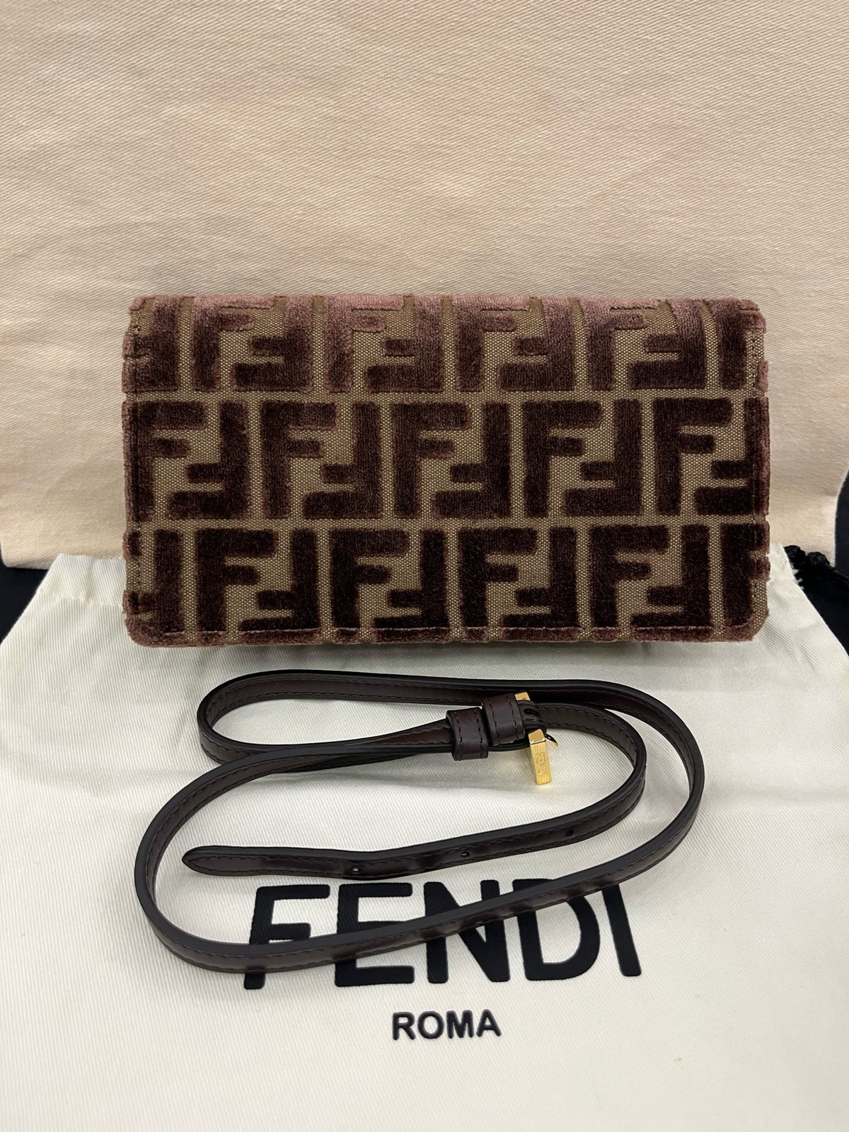 Fendi Baguette, Brown Velvet FF Jacquard Canvas