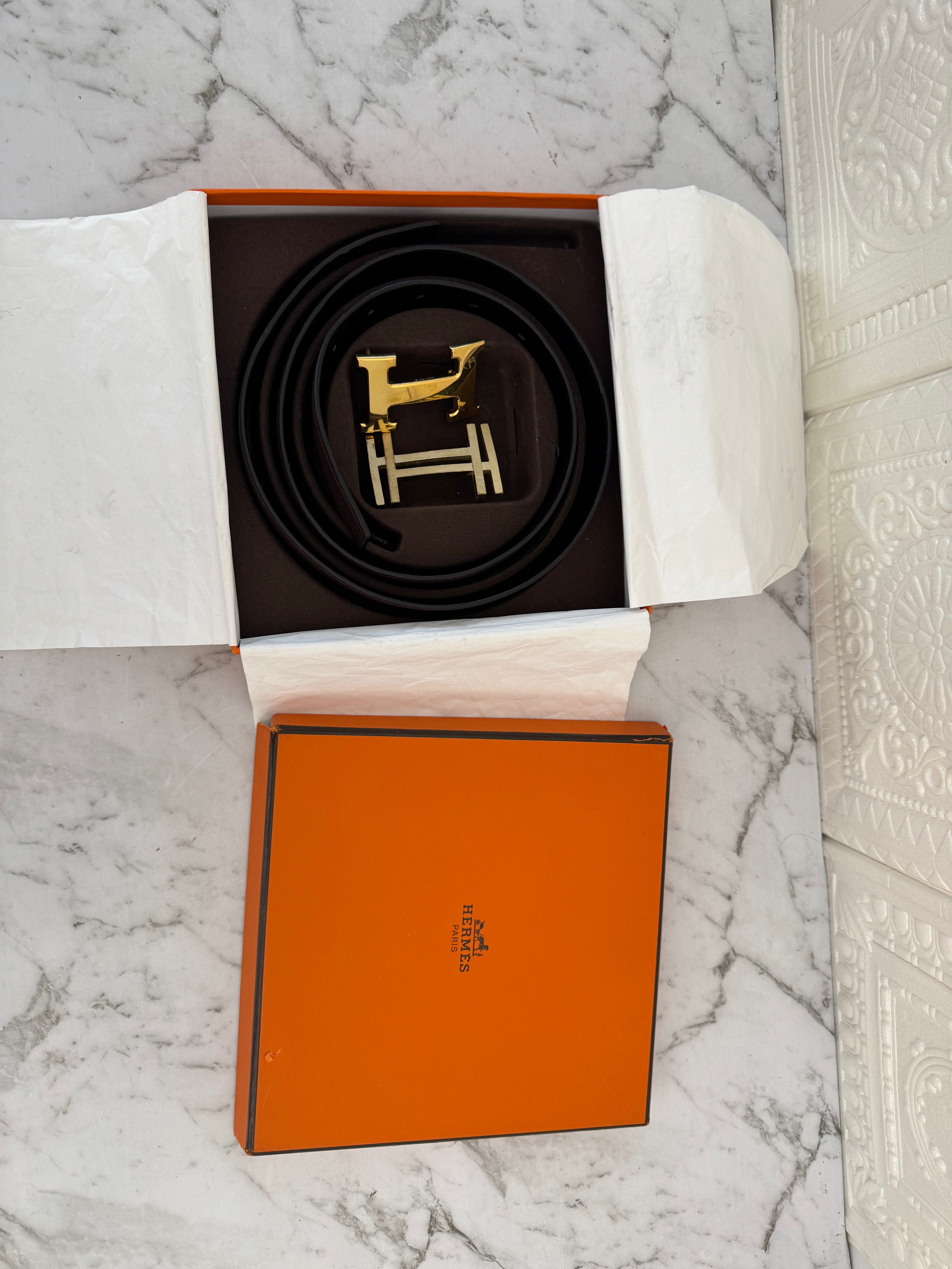 Hermes Double Sided H Belt 2 Buckles Brown Black