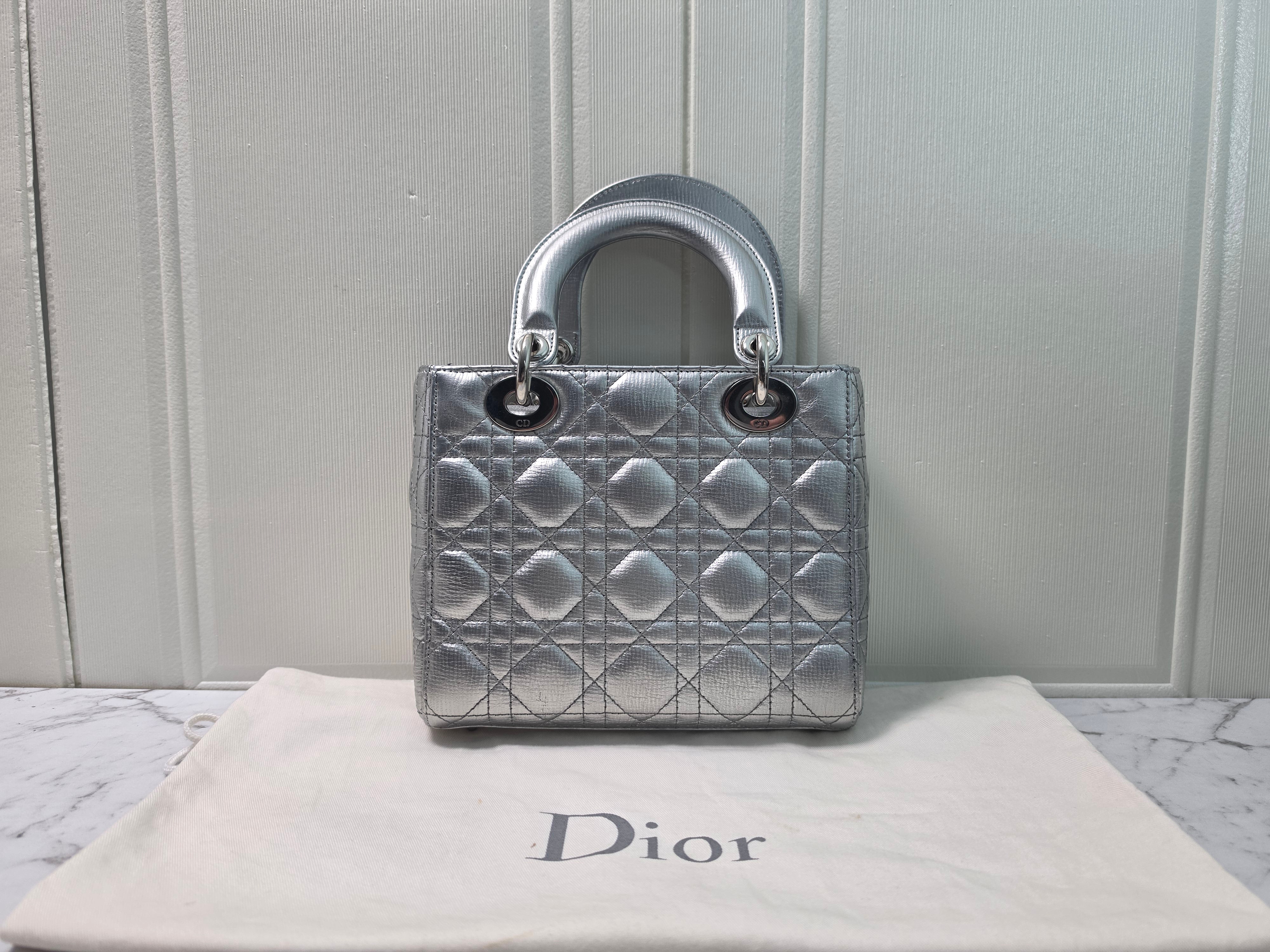 Dior Lady Dior Small Metallic Silver Bag