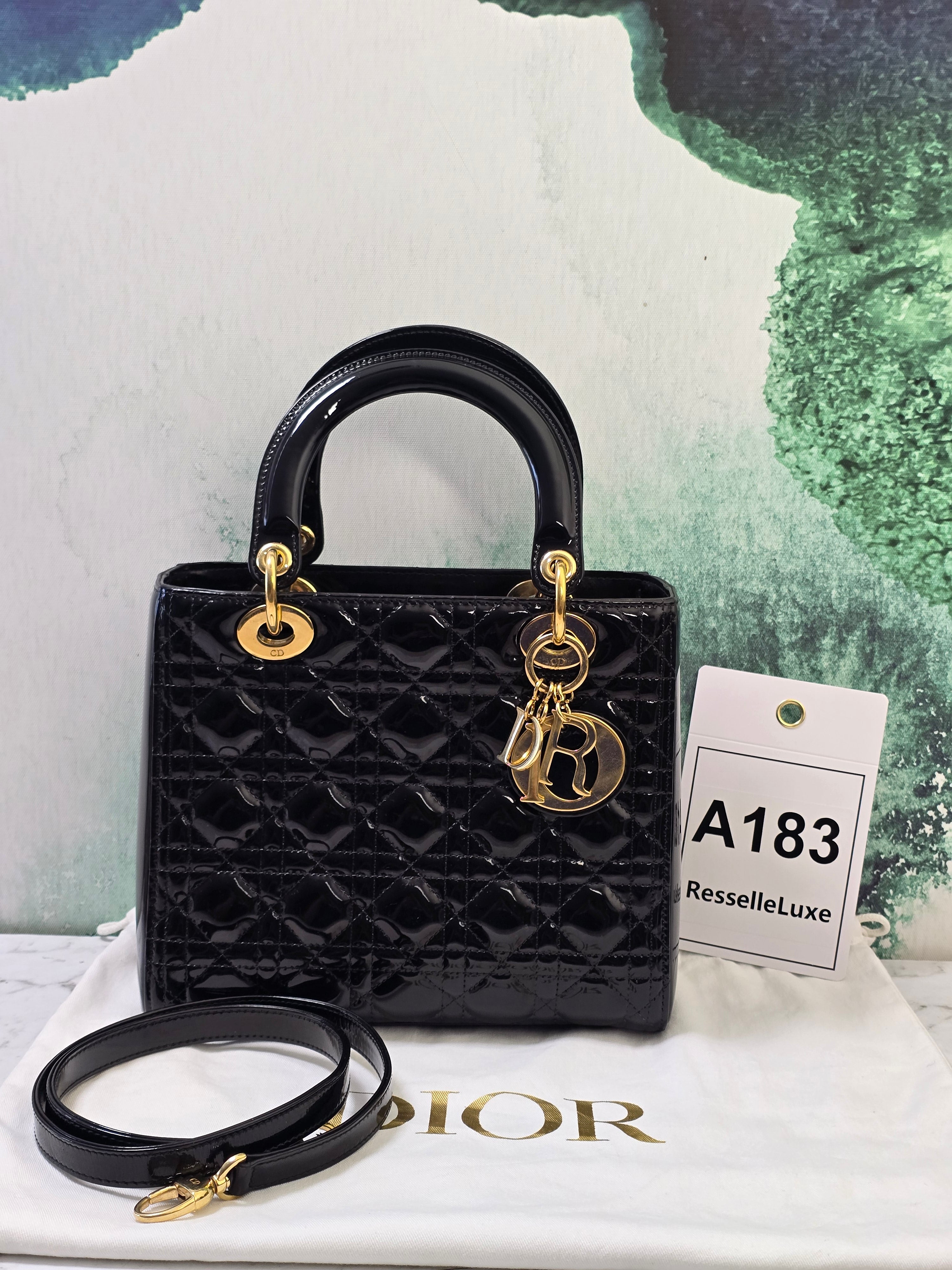 Dior Lady Dior Medium Black Patent Leather A183