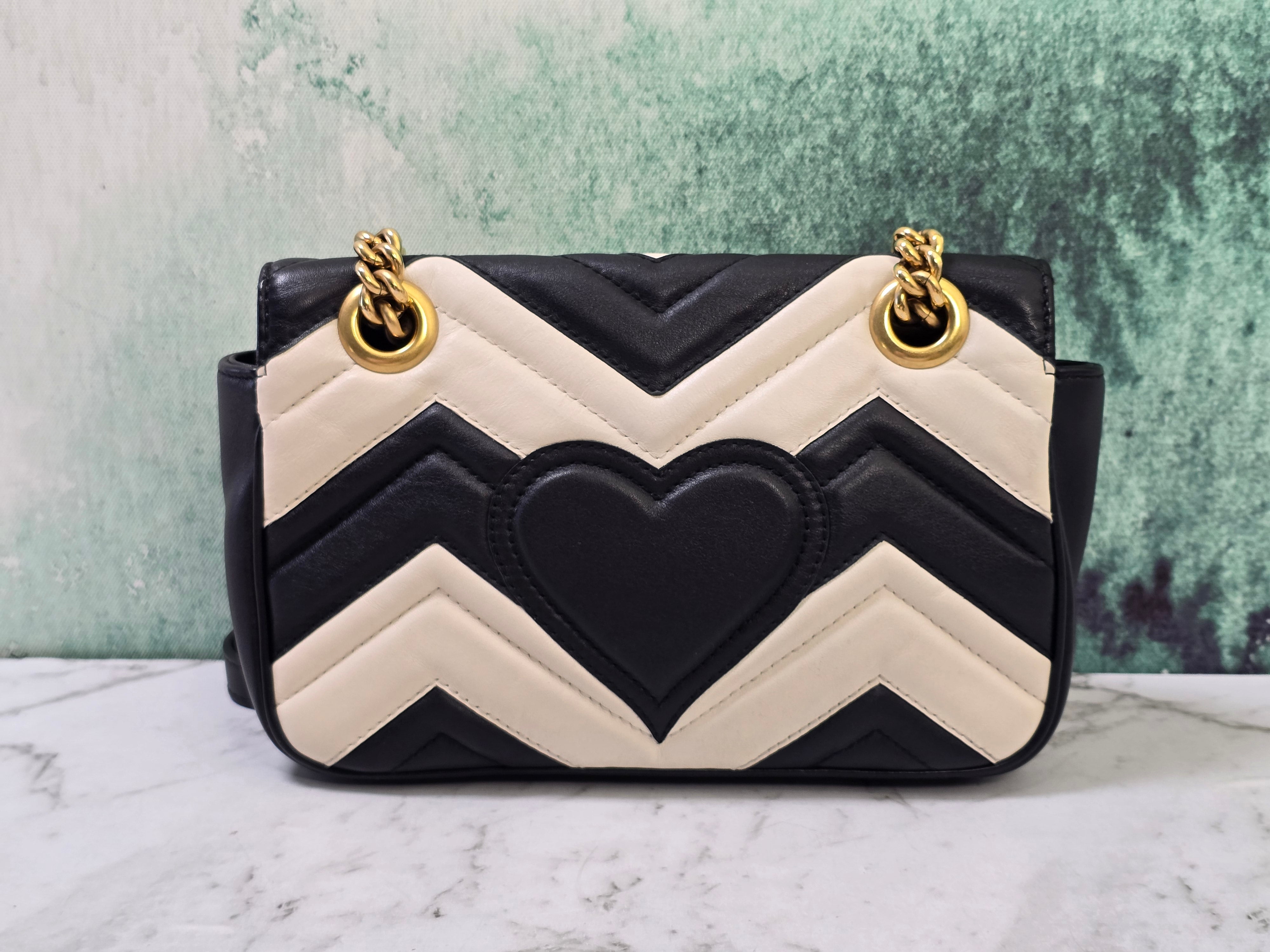 Gucci Marmont Flap Shoulder Bag Black & Cream Chevron Leather