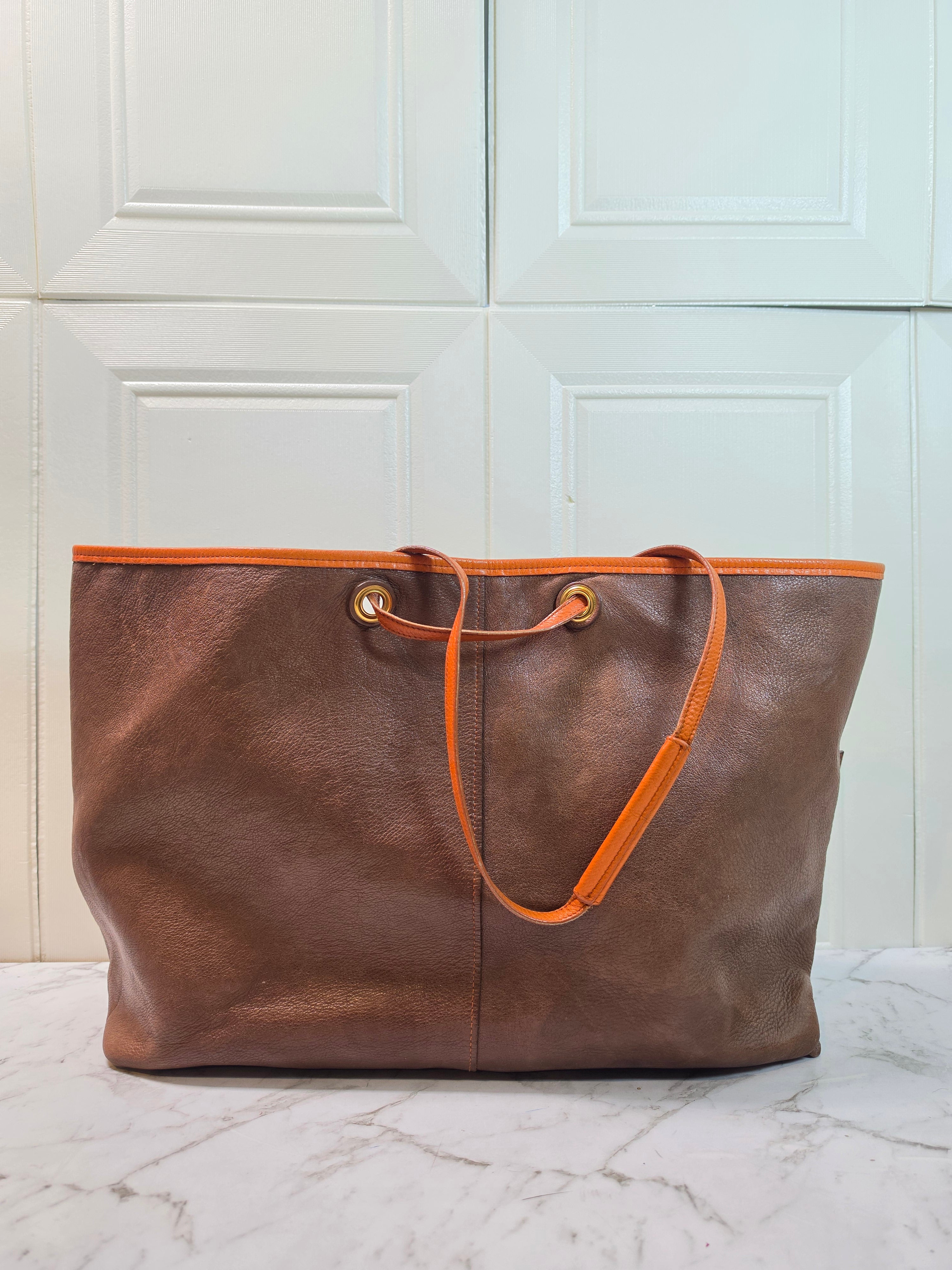 Authentic Yves Saint Laurent YSL Brown Orange Whip‑Stitch Leather Large Tote with Pouch