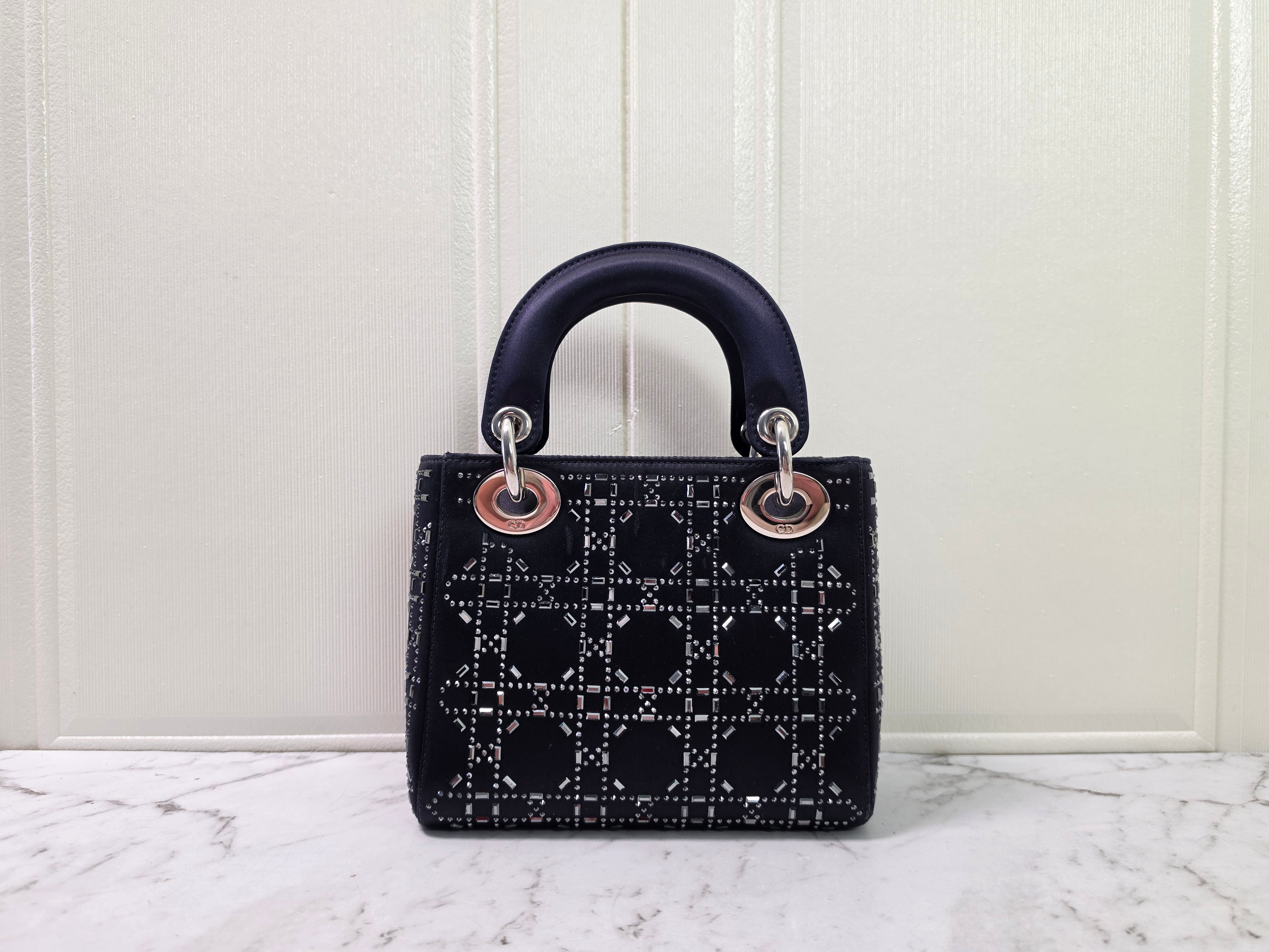 Dior Lady Dior Mini Navy Satin Crystal-Embellished