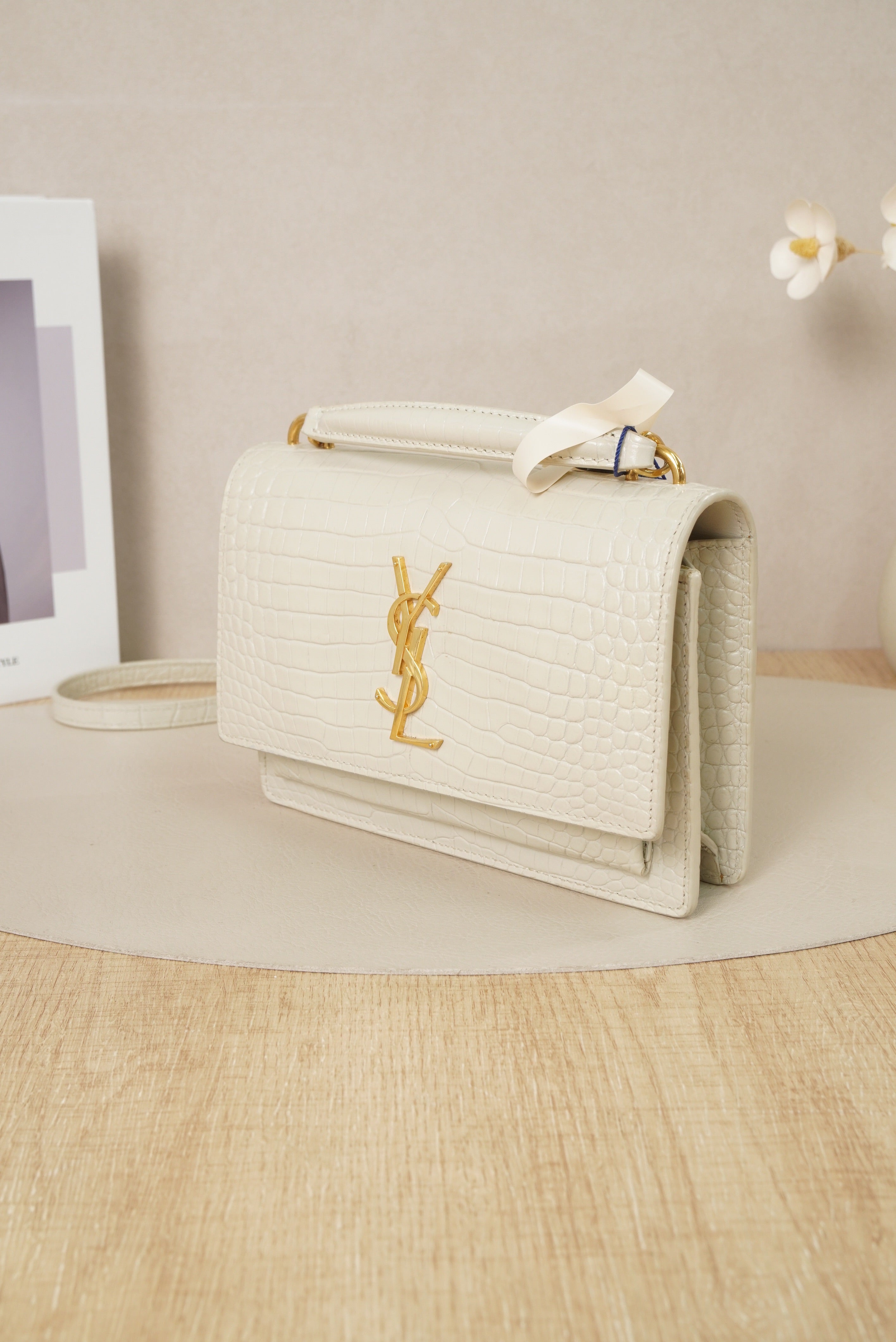 Saint Laurent Sunset Small White Croc-Embossed Leather