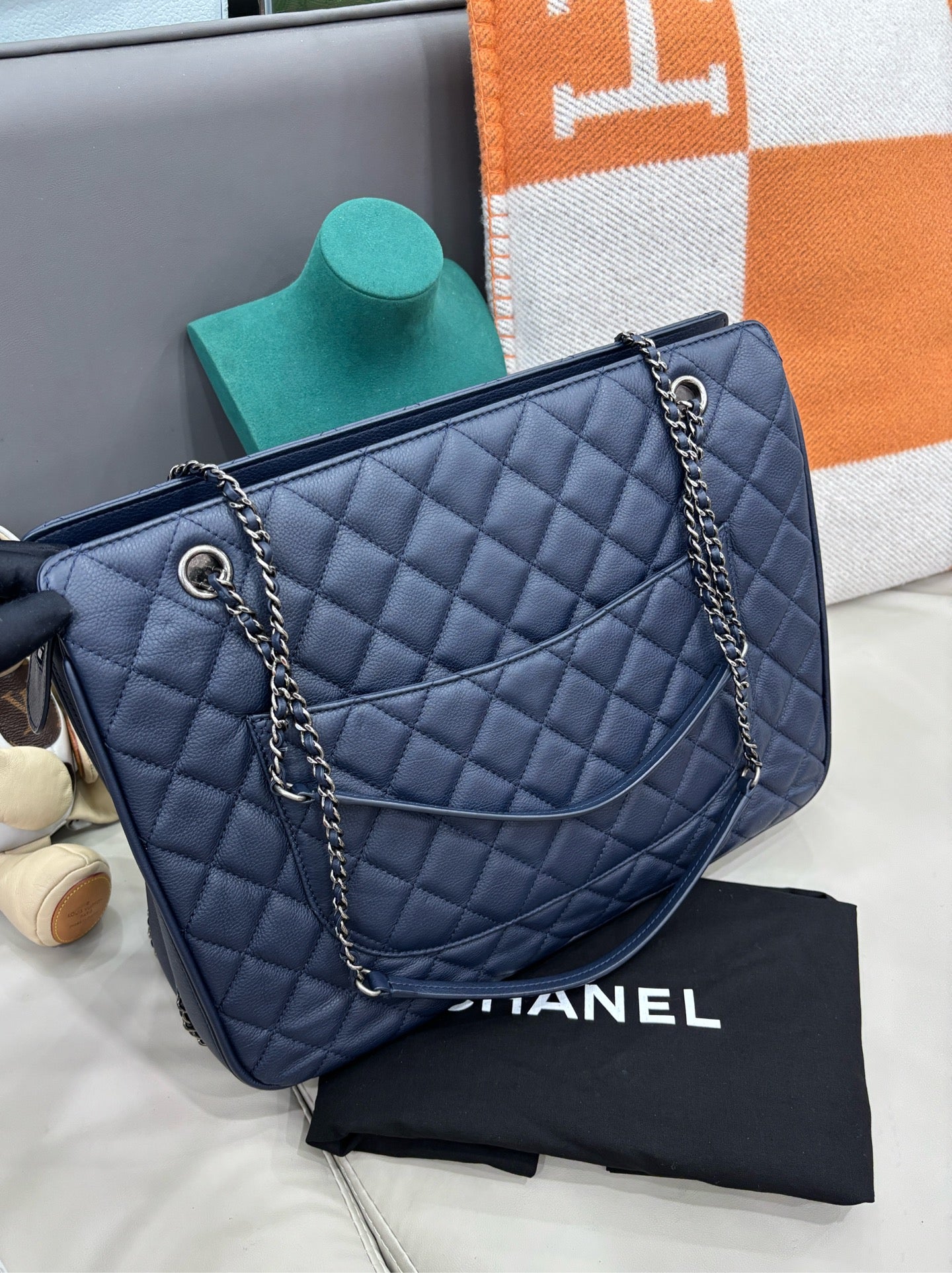 Authentic Chanel Navy Blue Quilted Caviar Tote Bag