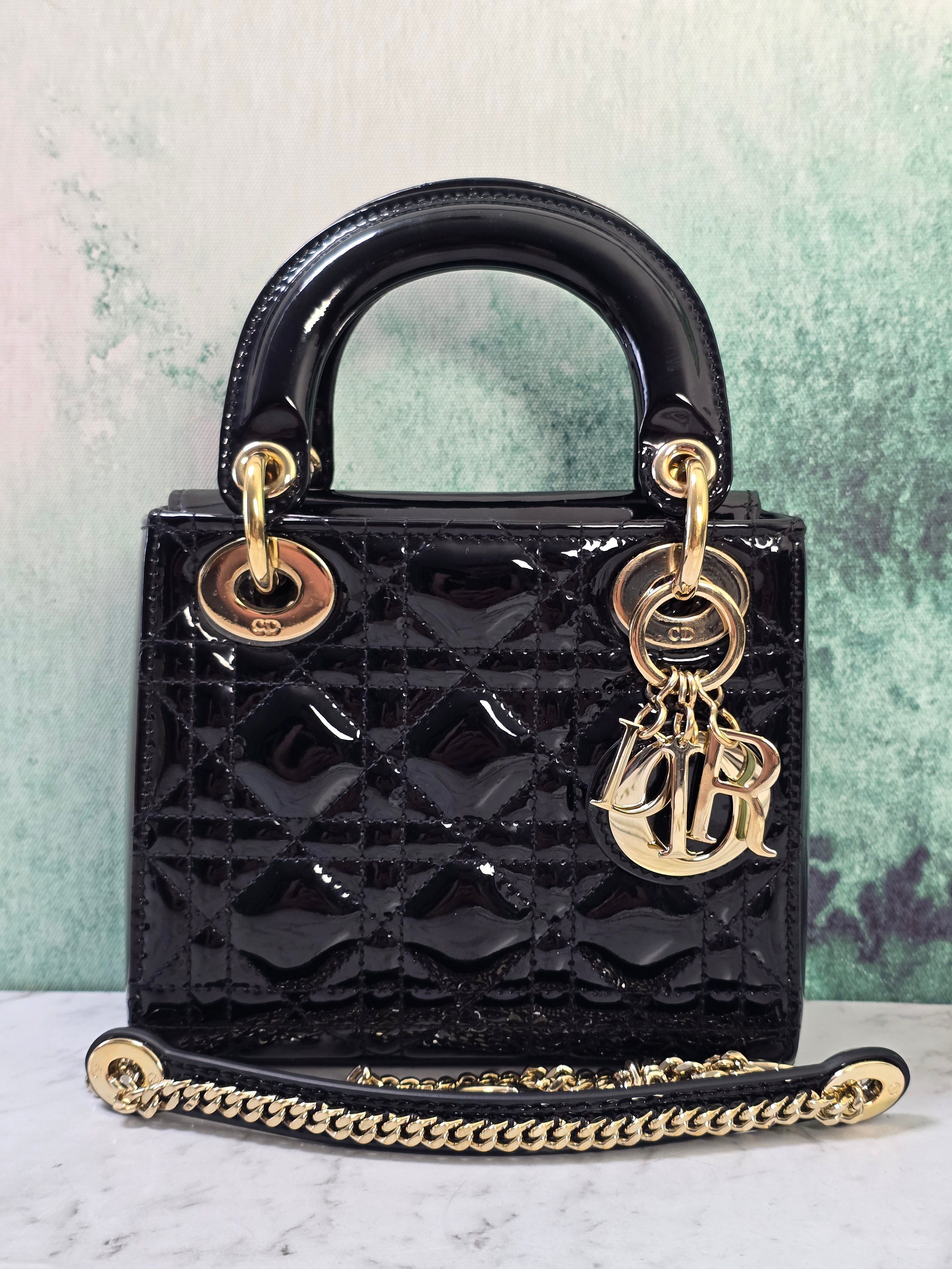 Dior Lady Dior Mini Patent Leather Black Top Handle