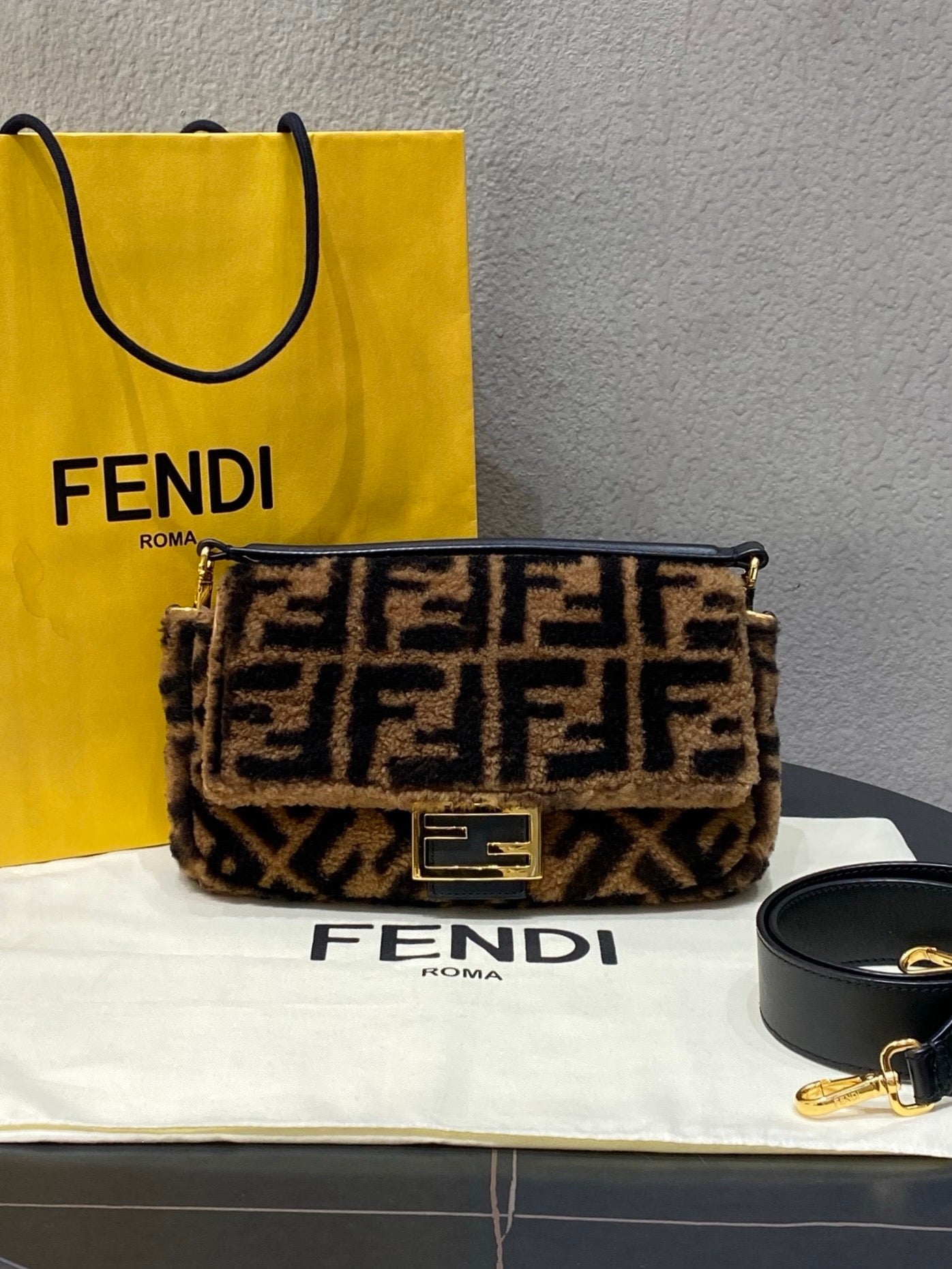 Fendi Baguette Medium FF Shearling Gold HW Shoulder Bag