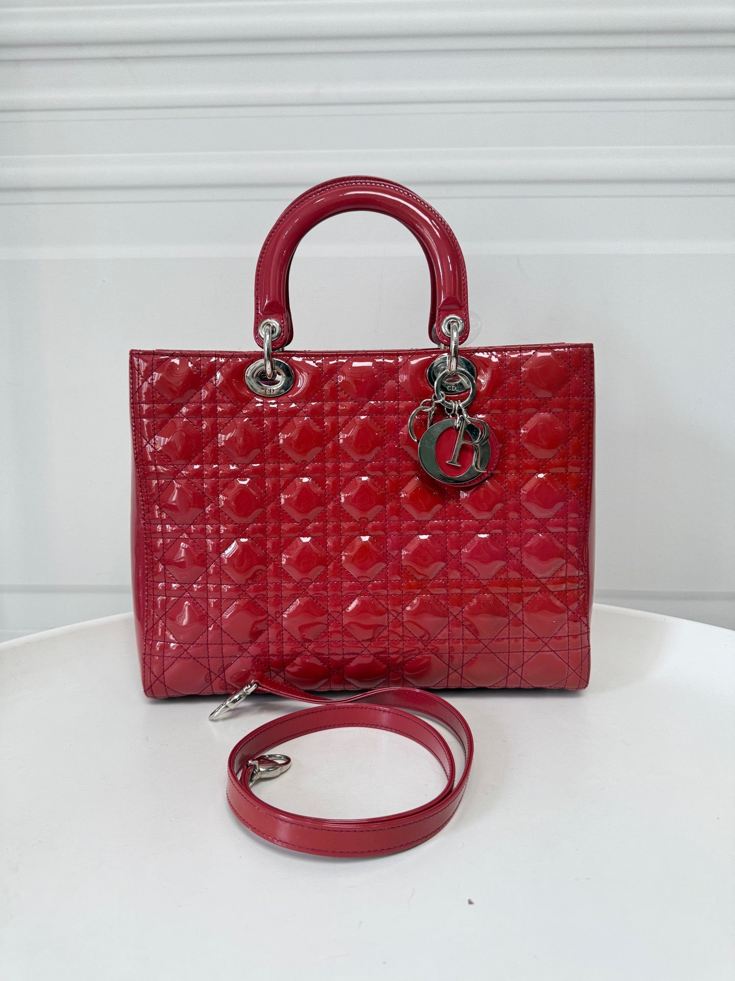 Dior Lady Dior Large Red Patent Leather Silver HW Bag