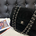Vintage Chanel Black Suede Jumbo CC Beige Flap
