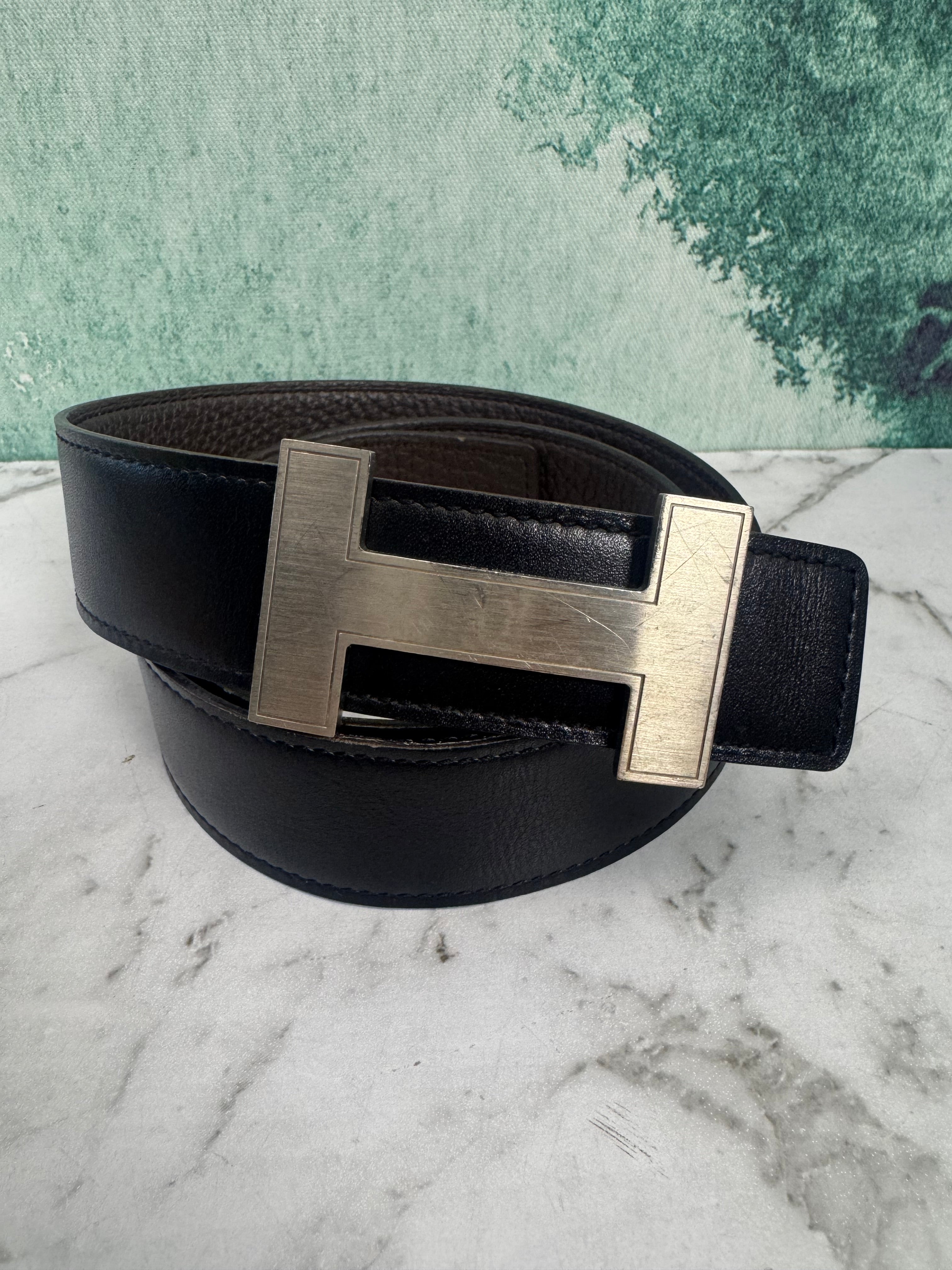 Hermes Double Sided H Belt 2 Buckles Brown Black