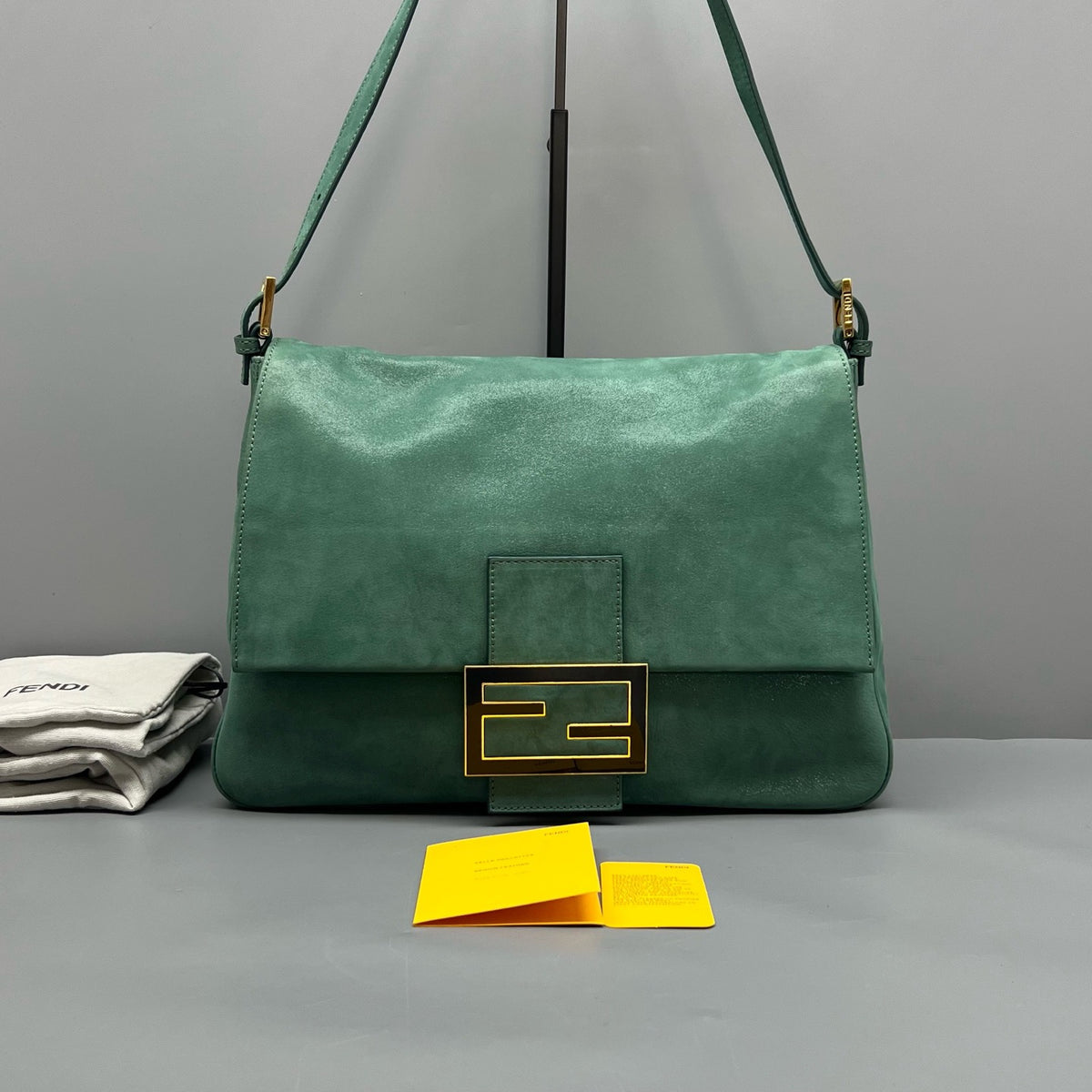 Fendi Baguette Large Green Suede Gold Hardware