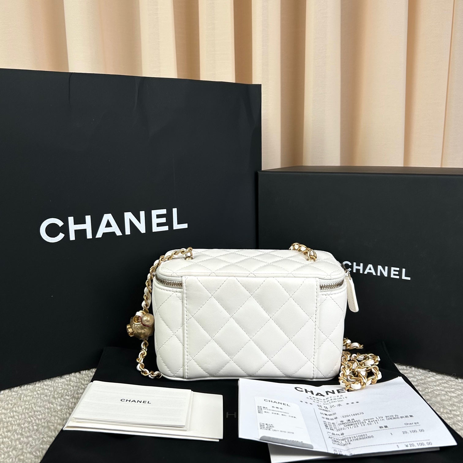 Chanel White Vanity Case with Gold Ball Chain Bag