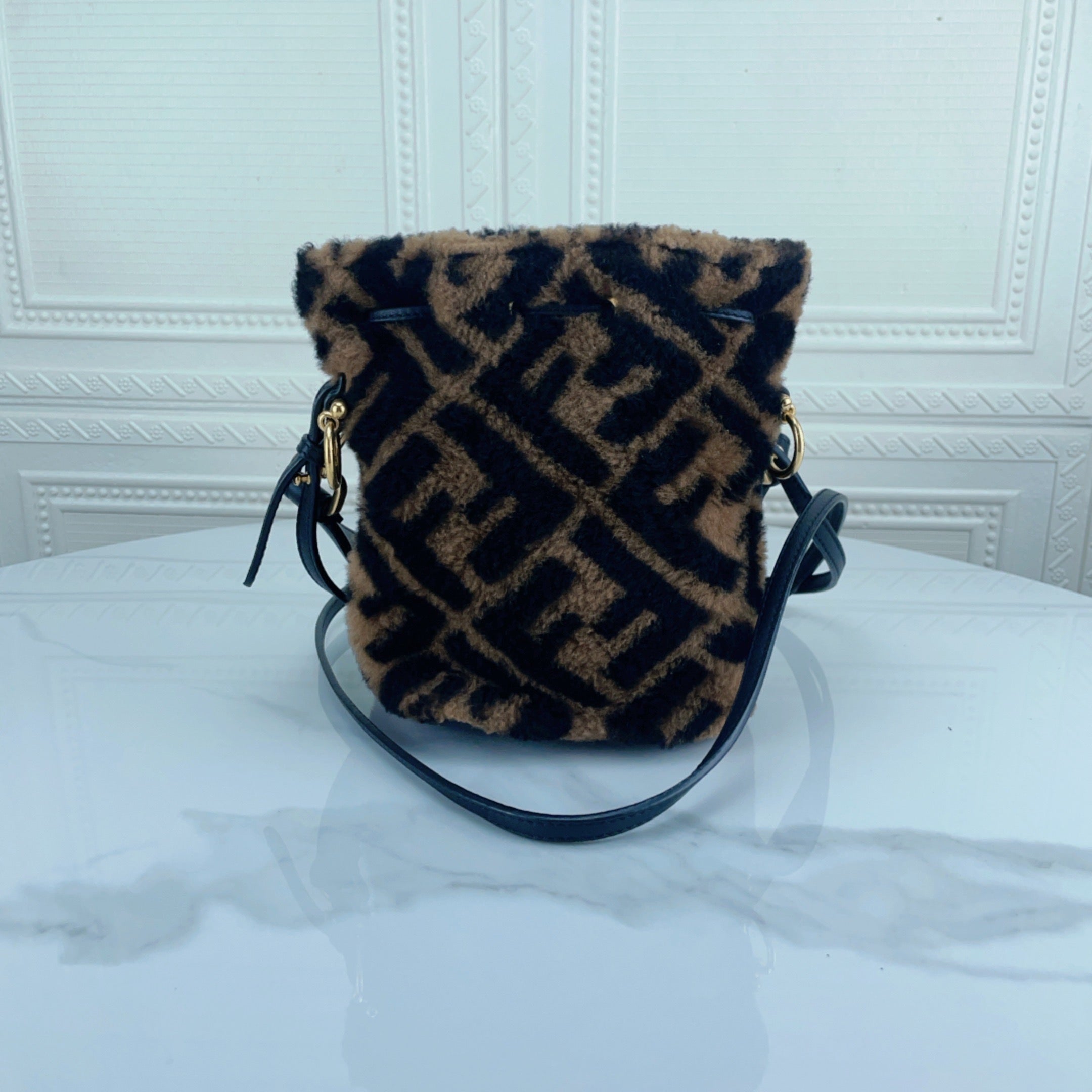 Fendi Mon Tresor Mini FF Shearling Drawstring Bucket