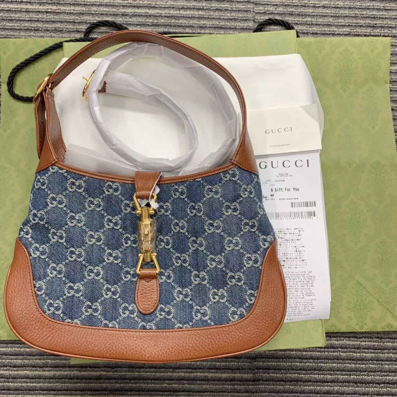 Close to new Gucci Jackie 1961 Small Blue Denim Gold HW Shoulder Bag
