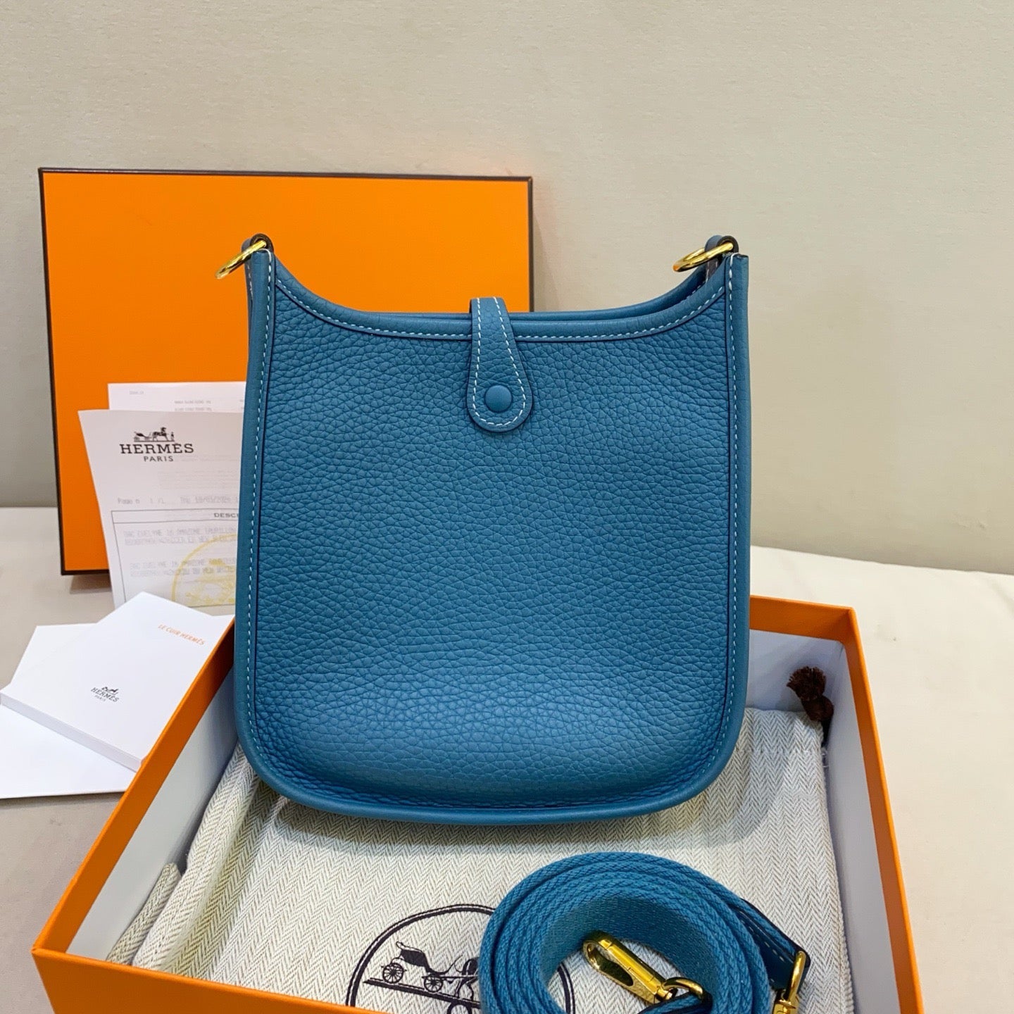 Hermes Mini Evelyne 16 Denim Blue Togo Gold Hardware 2023
