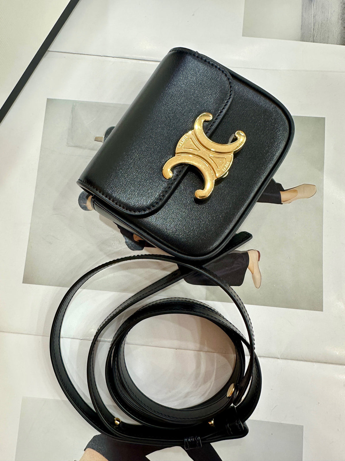 Celine Mini Triomphe Box, Black Shiny Calfskin Leather