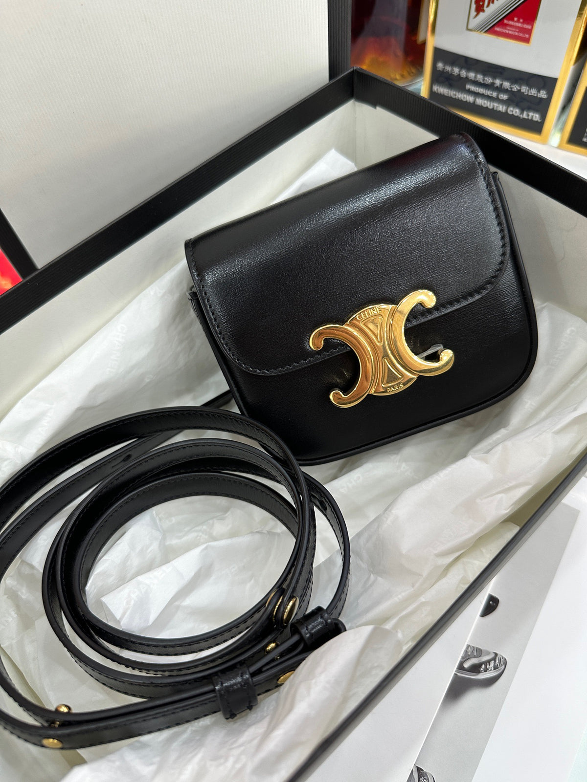 Celine Mini Triomphe Box, Black Shiny Calfskin Leather