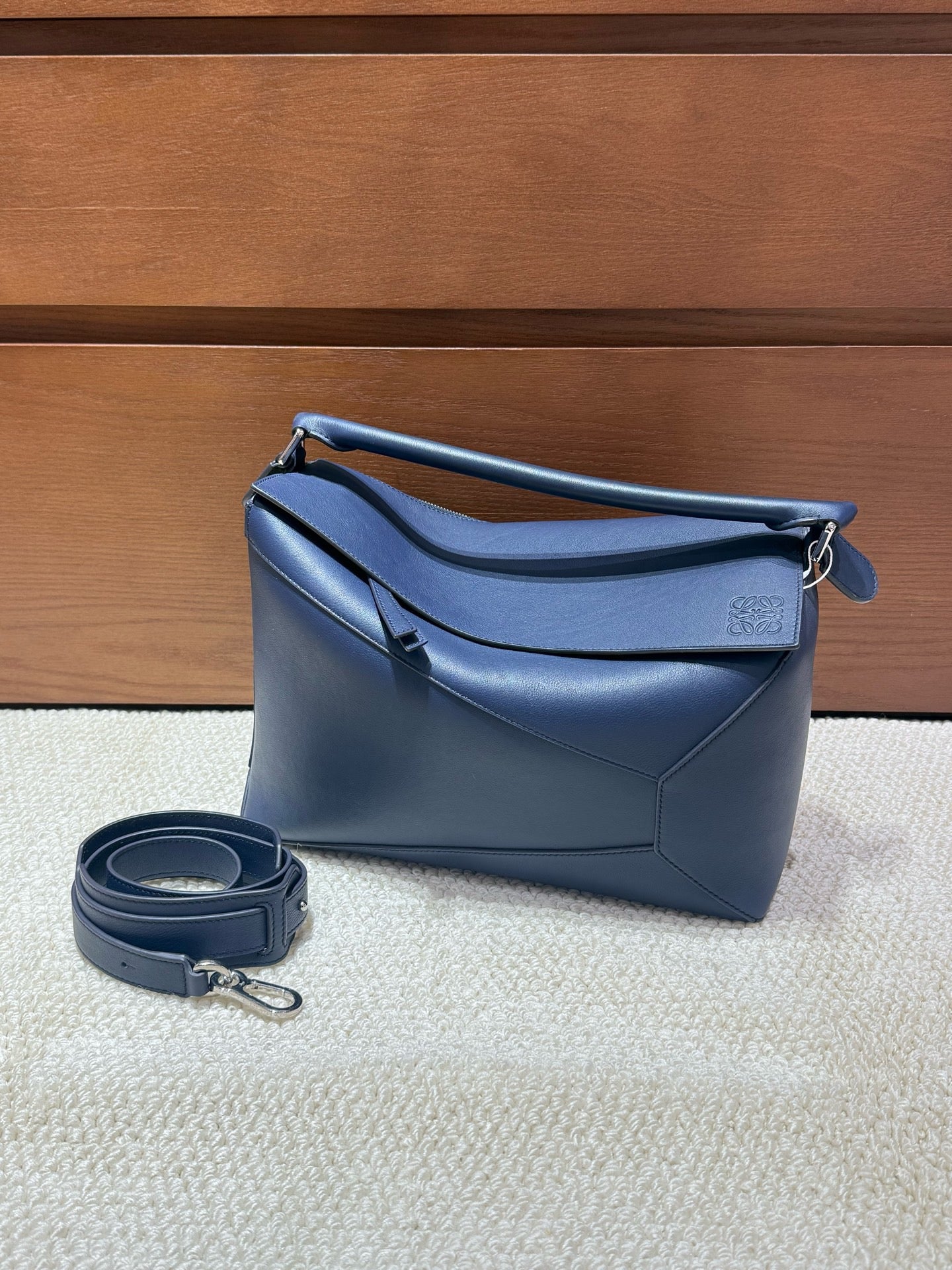 LOEWE Puzzle Large Bag in Deep Blue Smooth Calf Leather