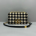 Authentic Pre‑owned Dior Black & White Houndstooth Fabric Caro Handbag Gold