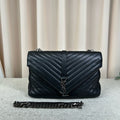 YSL Large College Black Silver V-Quilt Leather