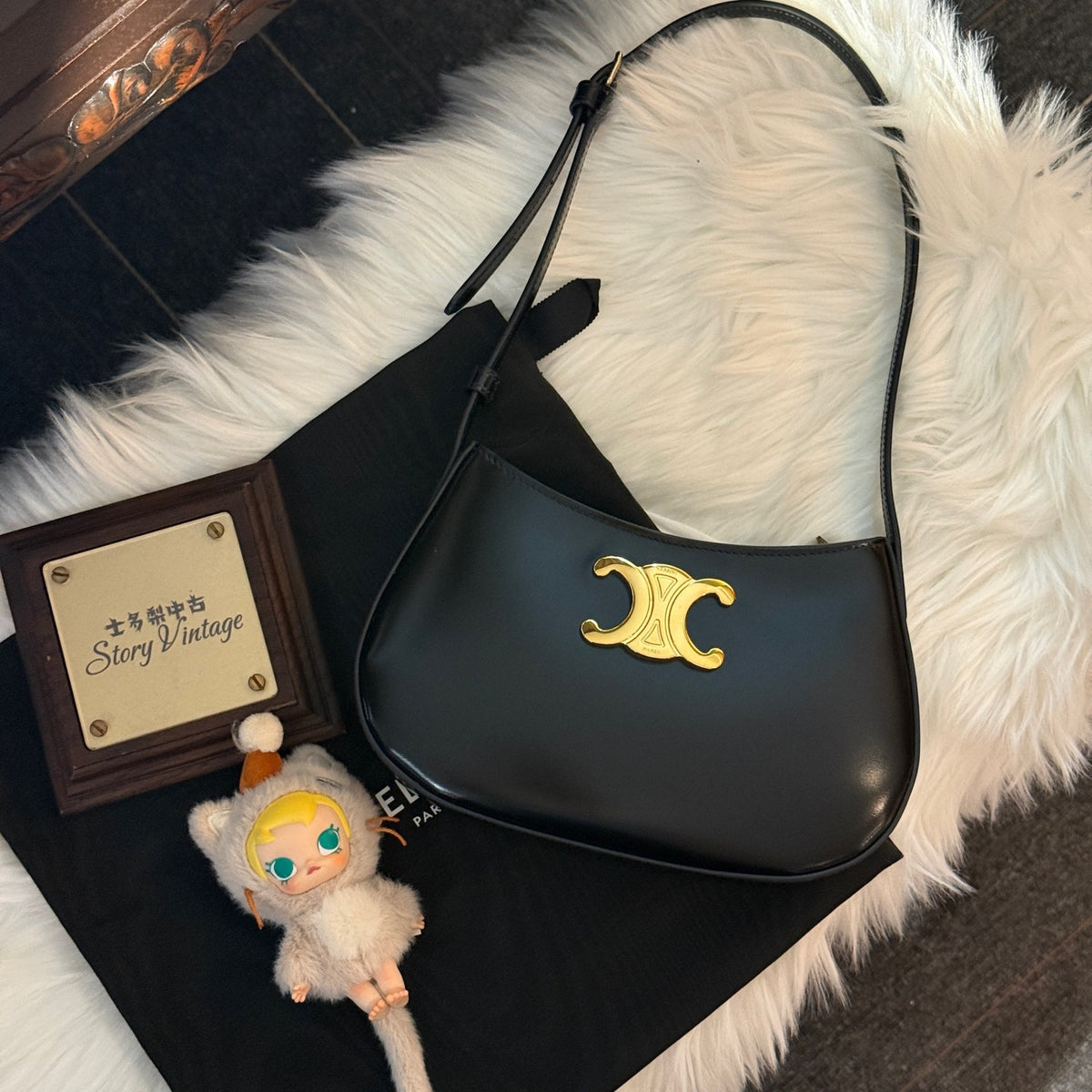 Celine Tilly, Black Shiny Calfskin Leather