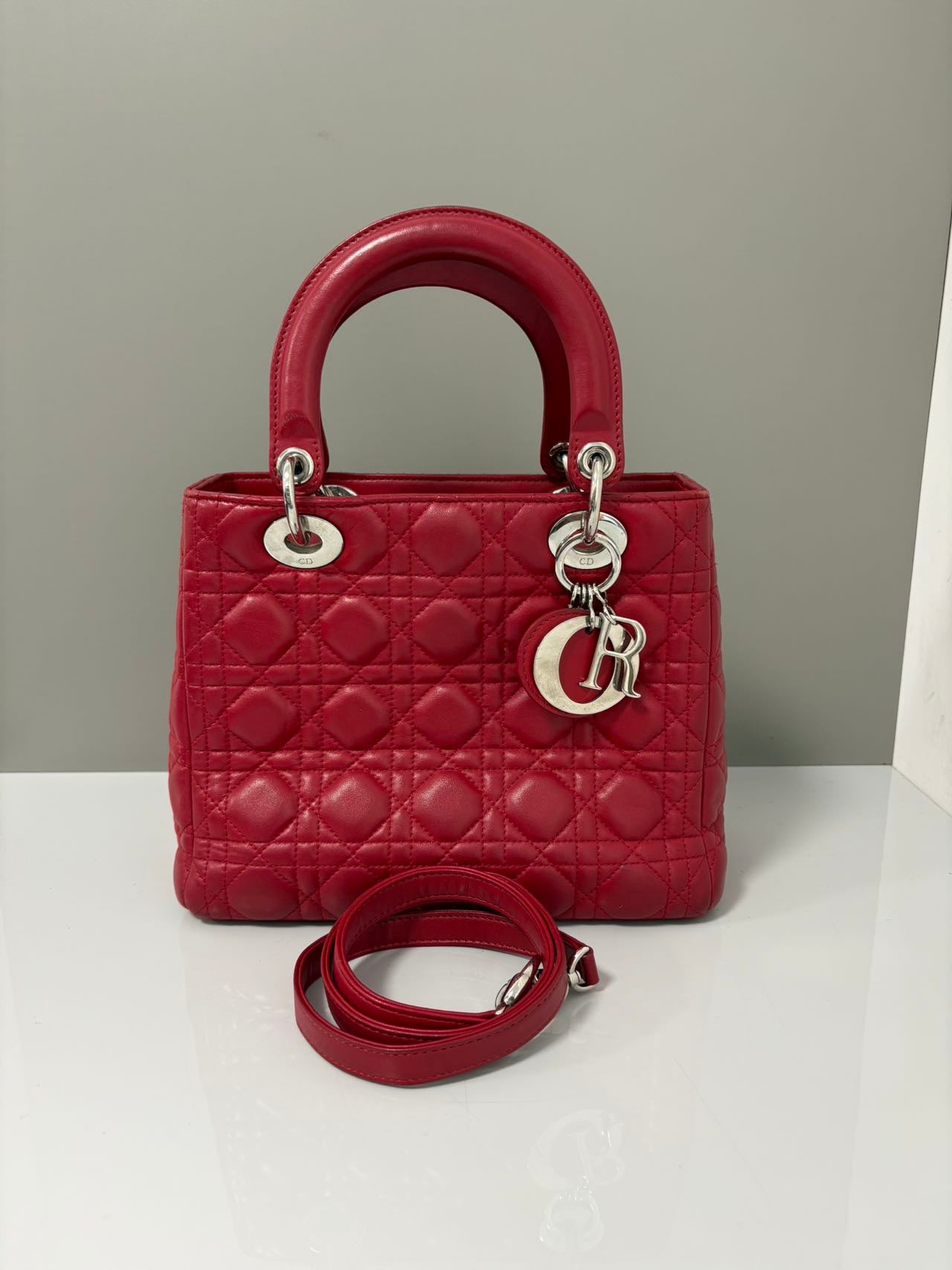 Dior Medium Lady Dior Red Cannage Quilted Lambskin