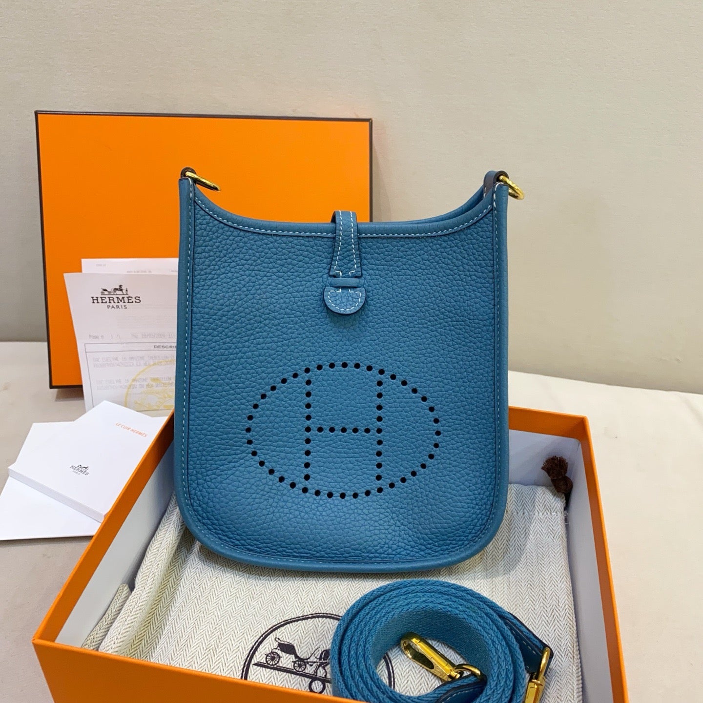 Hermes Mini Evelyne 16 Denim Blue Togo Gold Hardware 2023