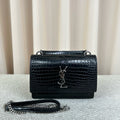 YSL Kate Small Black Silver Crocodile Embossed Leather