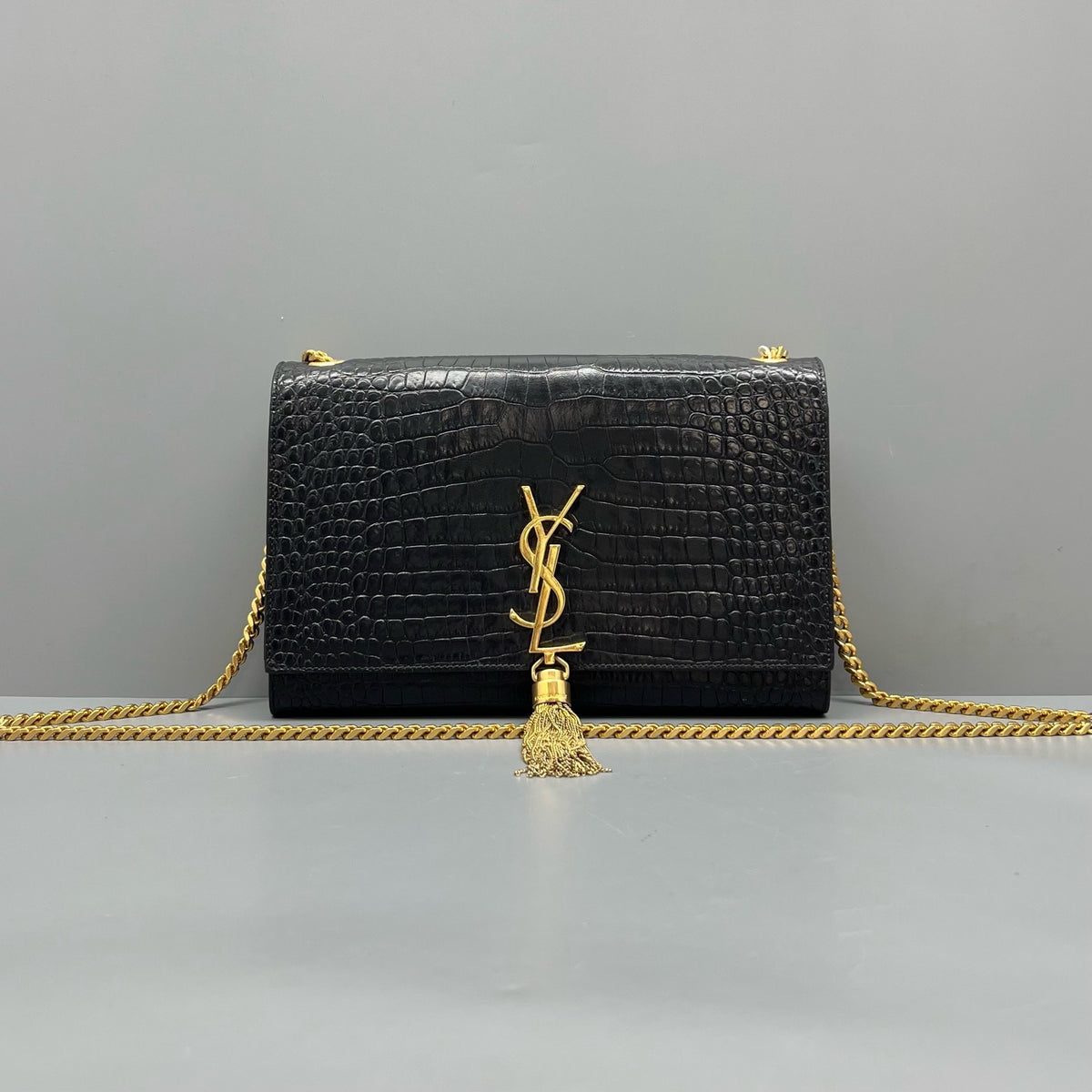Saint Laurent Kate Medium Tassel Black Croc‑Embossed  Gold Hardware