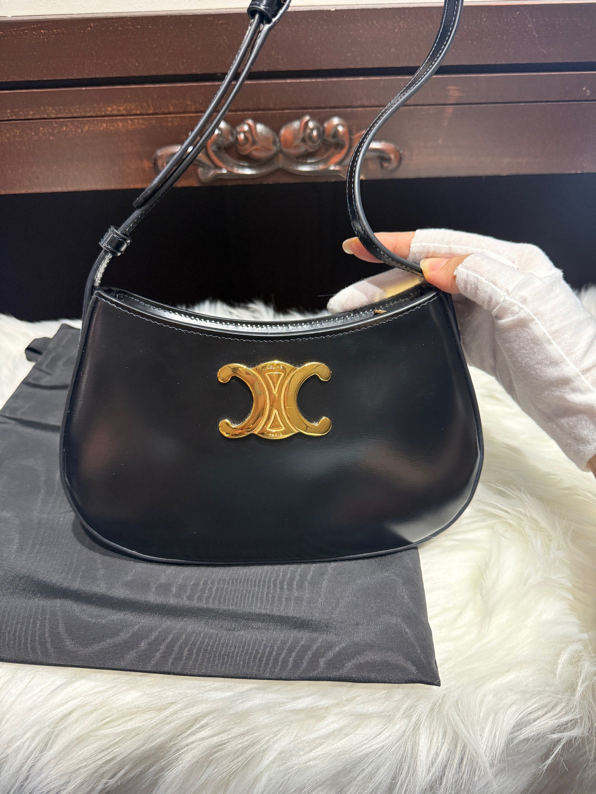 Celine Tilly, Black Shiny Calfskin Leather