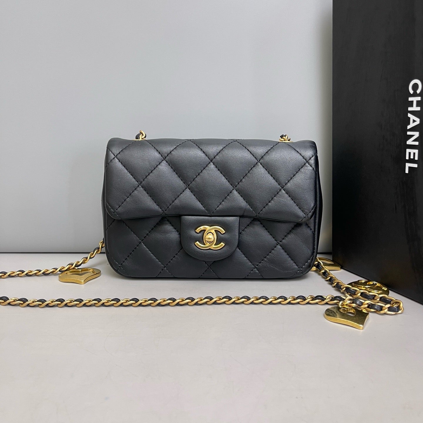 Chanel Mini Classic Flap Black Quilted Lambskin Heart Charm