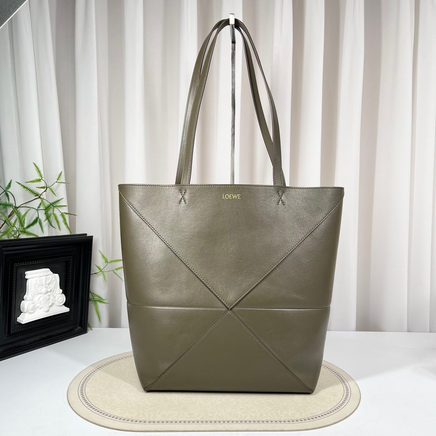 LOEWE Puzzle Fold Medium Olive Green Leather Tote Bag