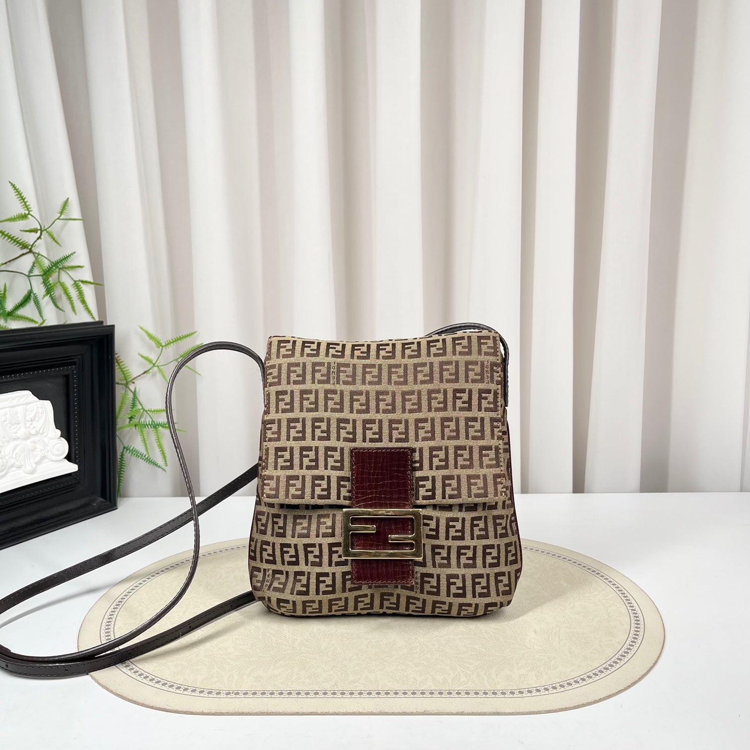 Fendi Small Zucchino FF Monogram Canvas Crossbody Shoulder Bag Beige & Brown