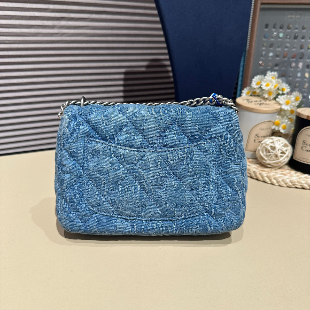 Chanel 23P Square Flap, Blue Denim Camellia Jacquard