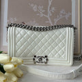 Chanel Le Boy Medium White Patent Leather Flap Bag