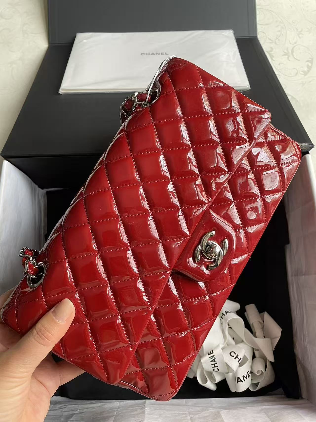 Chanel Classic Flap Red Patent Leather Silver HW Bag