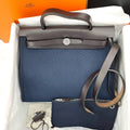 Hermes Herbag Zip 31 Navy Canvas with Dark Brown