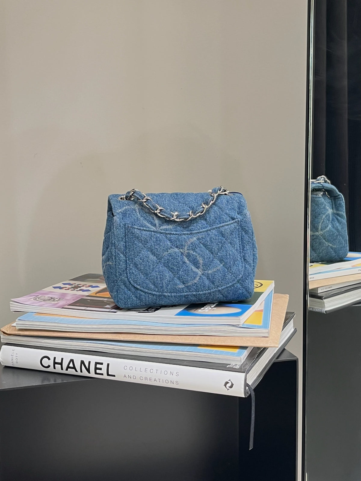 Chanel CF Mini Square, Blue Denim Interlocking CC Print