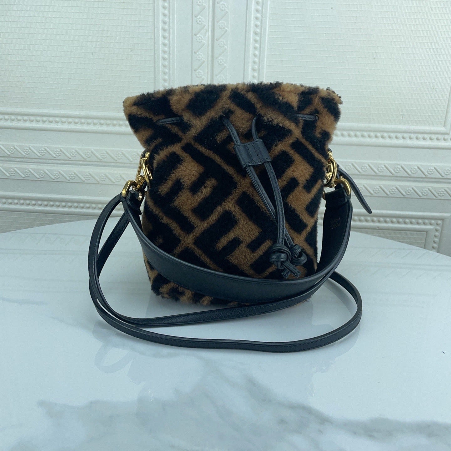 Fendi Mon Tresor Mini FF Shearling Drawstring Bucket