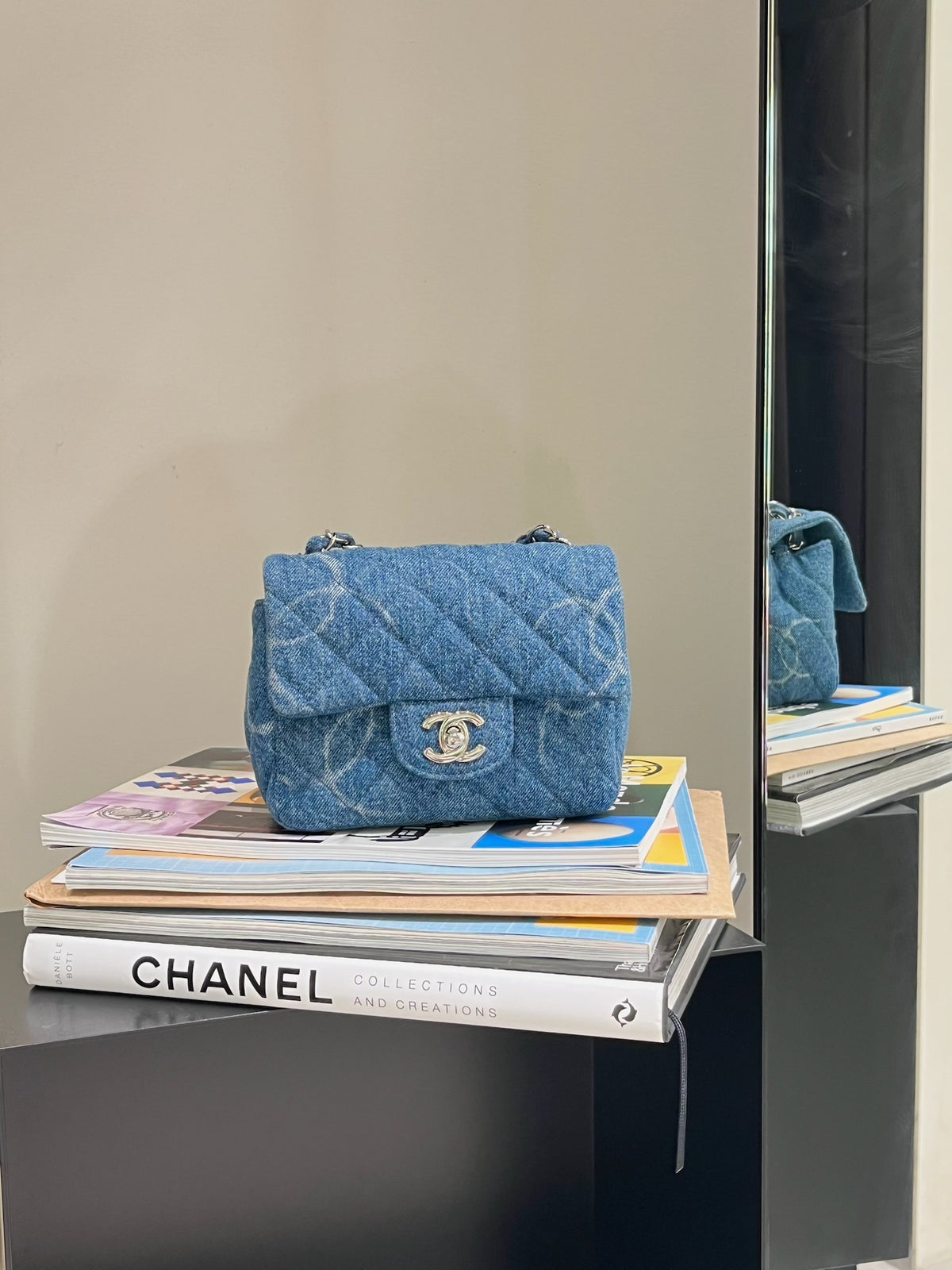 Chanel CF Mini Square, Blue Denim Interlocking CC Print