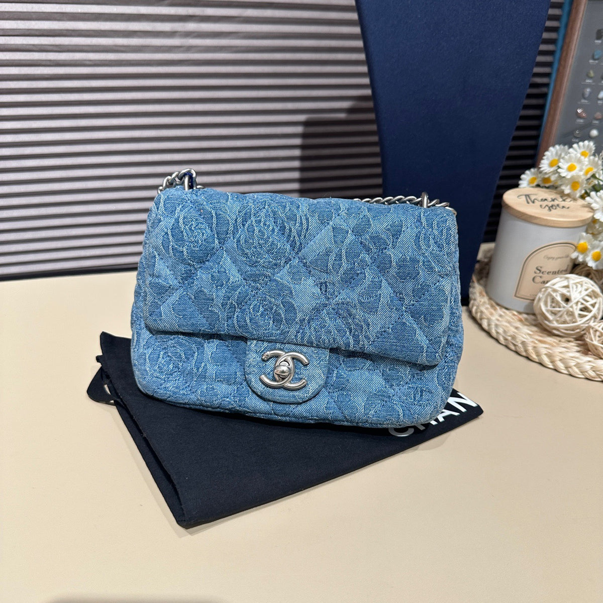 Chanel 23P Square Flap, Blue Denim Camellia Jacquard
