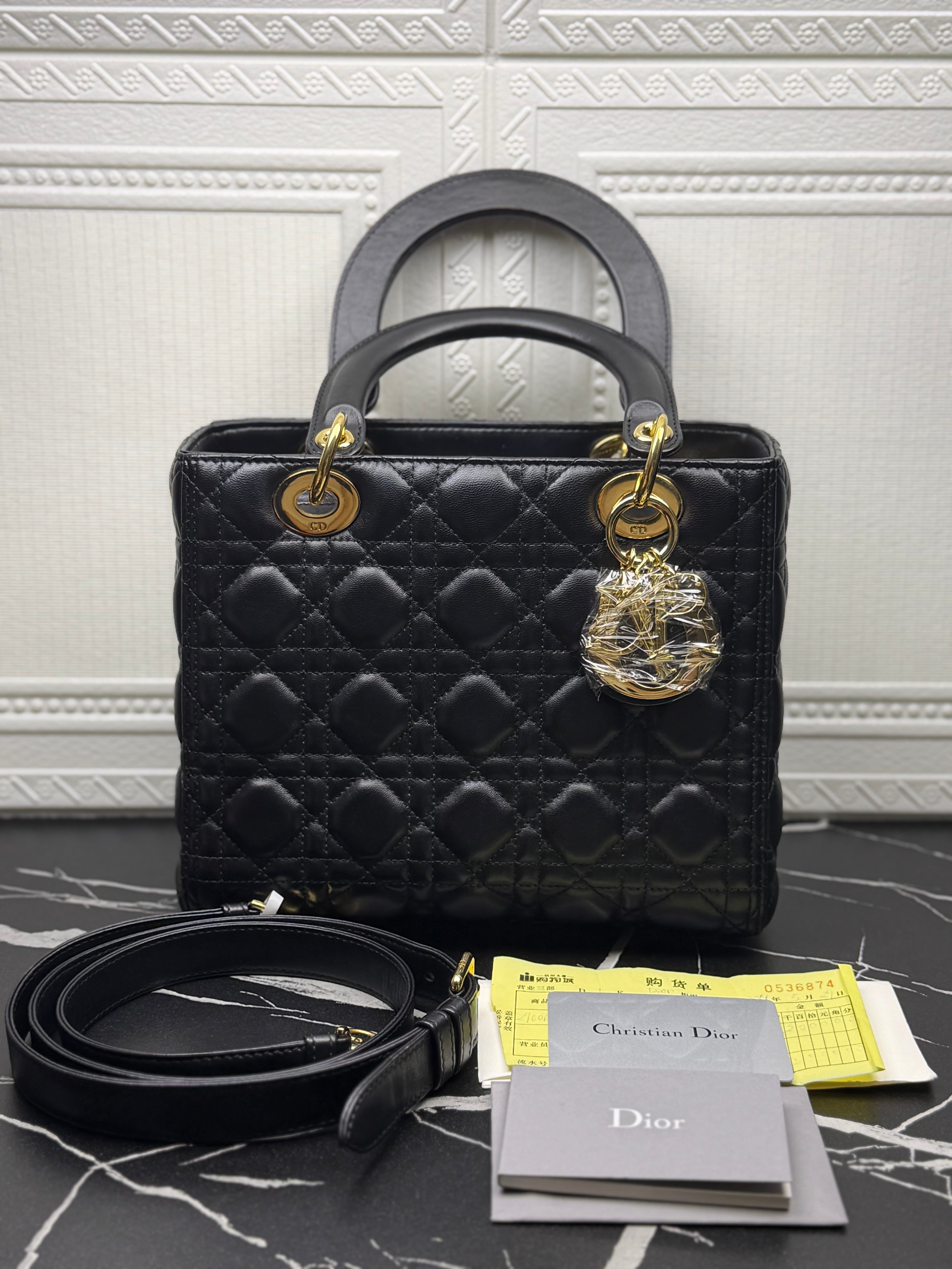 Dior Medium Lady Dior Cannage Quilted Black Lambskin