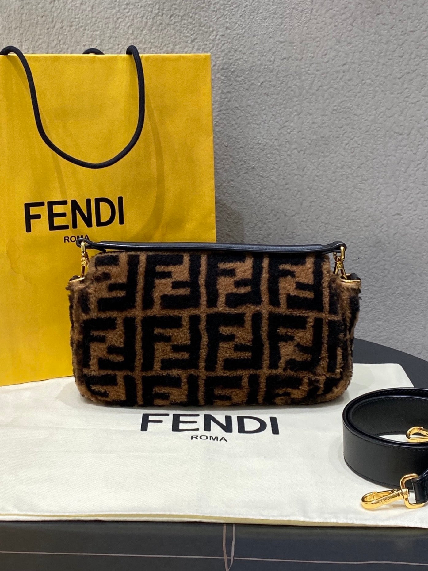 Fendi Baguette Medium FF Shearling Gold HW Shoulder Bag