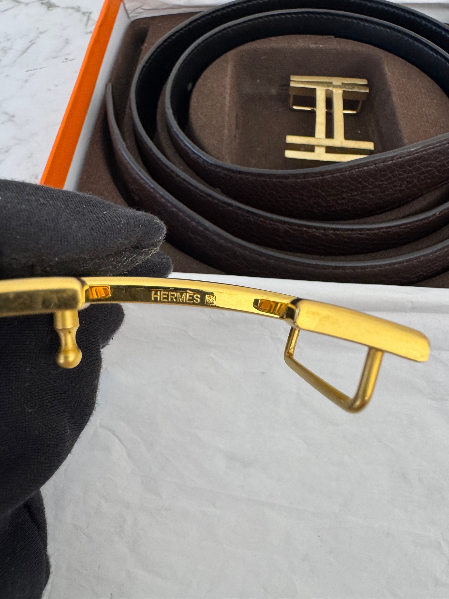 Pre-owned Authentic Hermes Double Sided 2 Buckles Belt 90cm X 3.2cm Brown Black