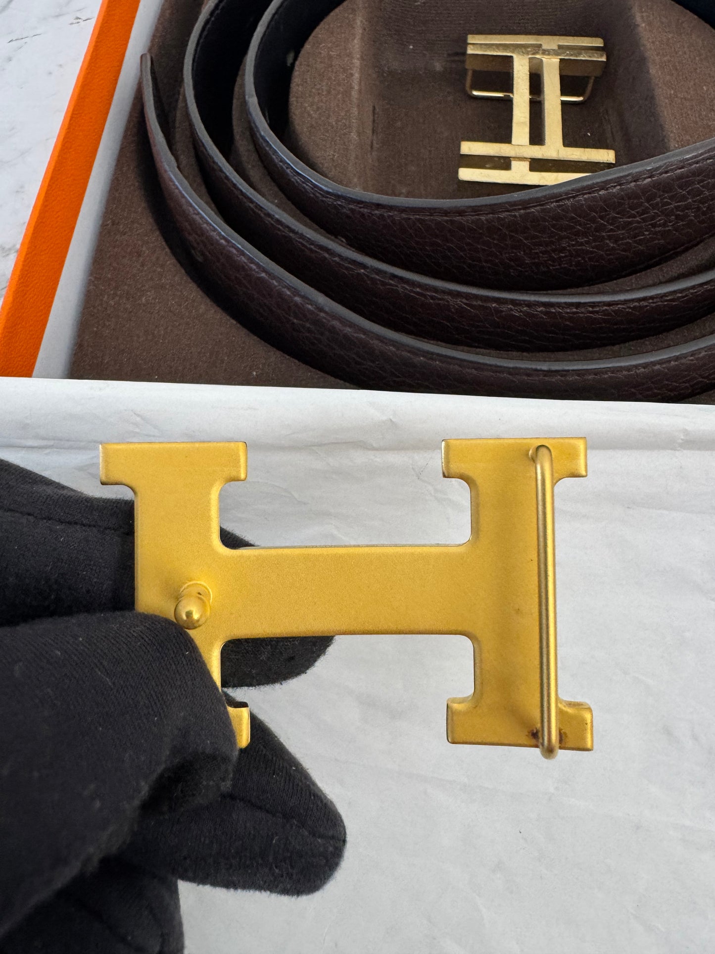 Pre-owned Authentic Hermes Double Sided 2 Buckles Belt 90cm X 3.2cm Brown Black