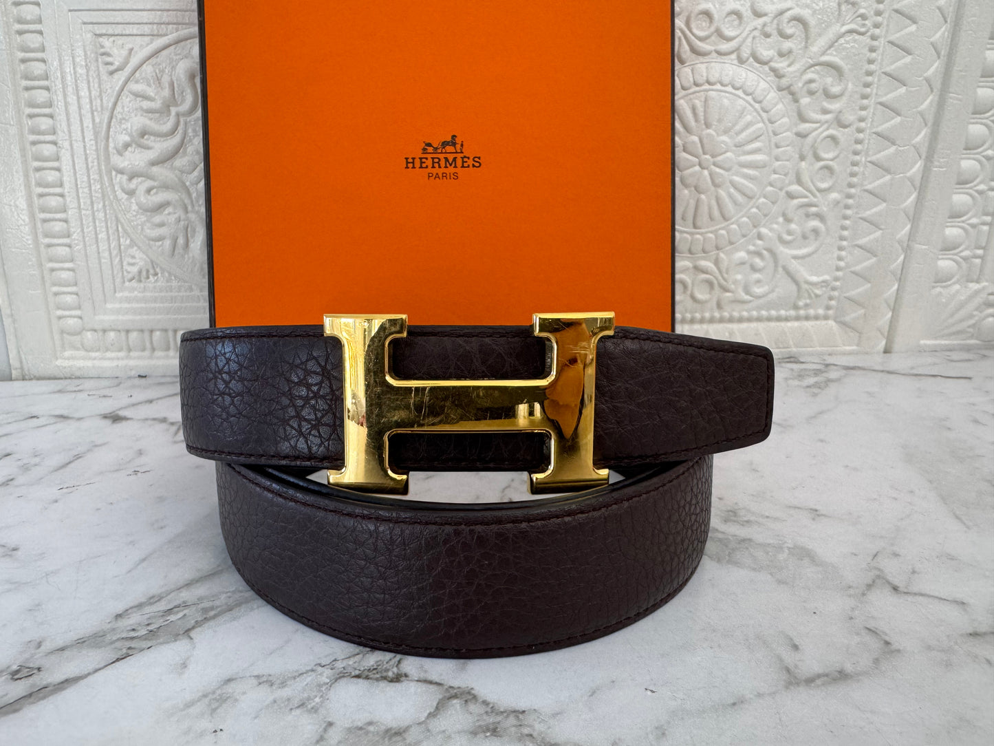 Pre-owned Authentic Hermes Double Sided 2 Buckles Belt 90cm X 3.2cm Brown Black