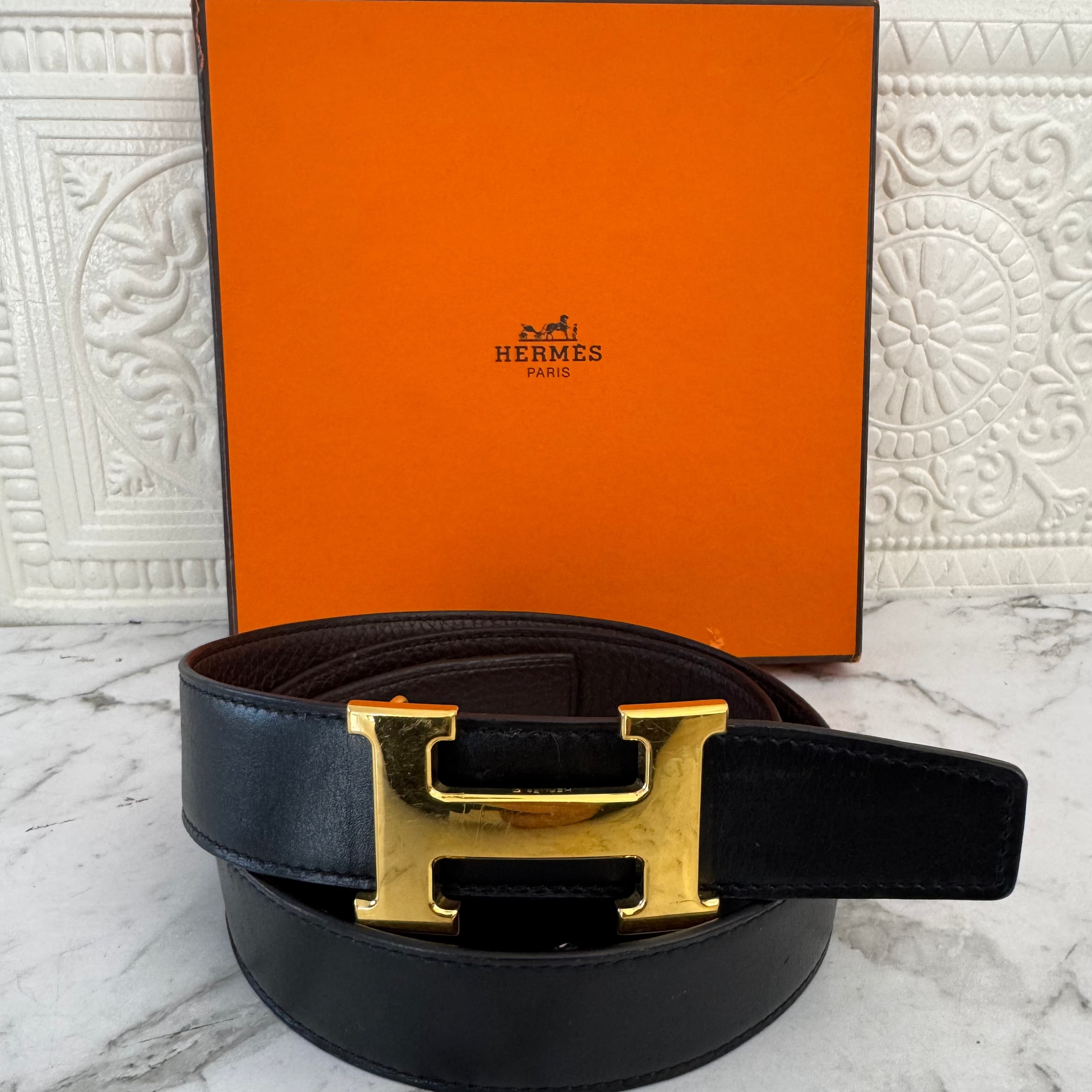 Hermes Double Sided H Belt 2 Buckles Brown Black