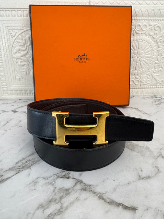 Pre-owned Authentic Hermes Double Sided 2 Buckles Belt 90cm X 3.2cm Brown Black