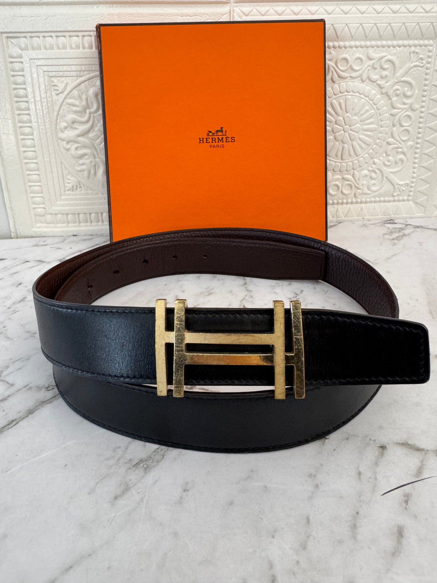 Pre-owned Authentic Hermes Double Sided 2 Buckles Belt 90cm X 3.2cm Brown Black