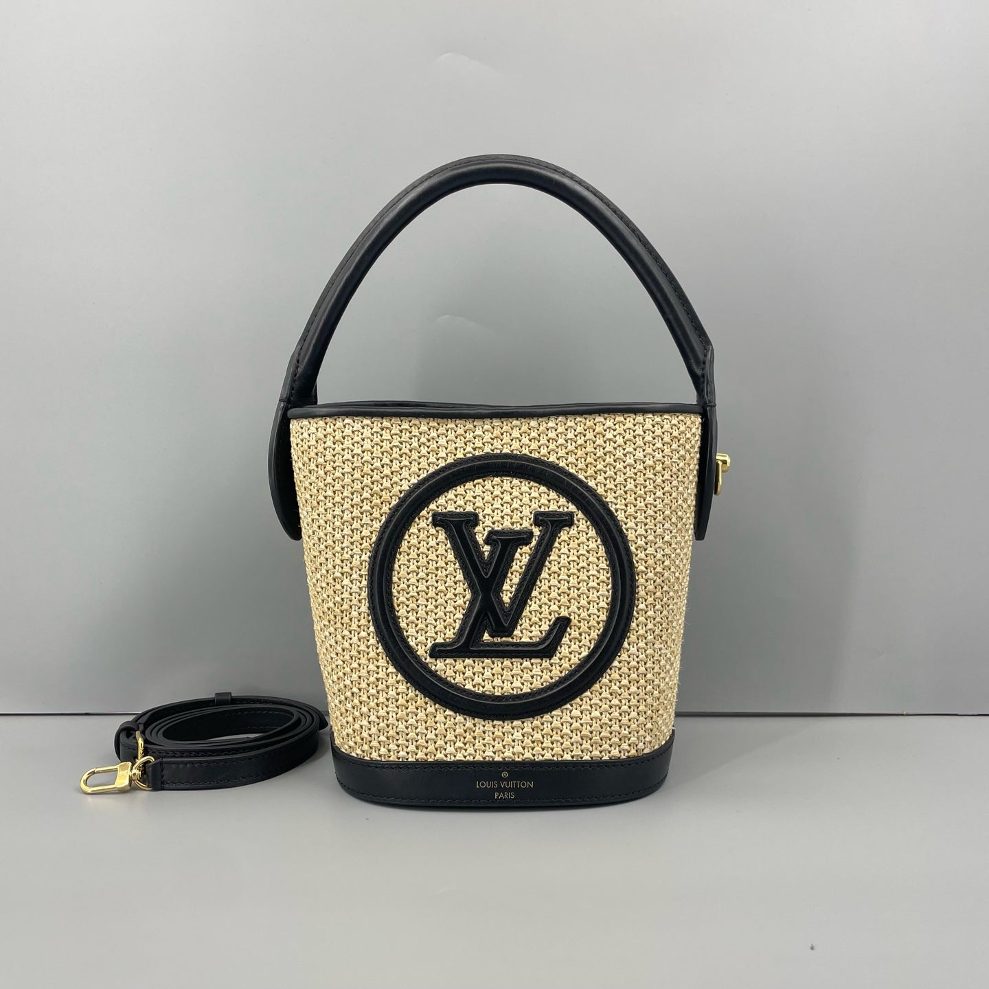 Louis Vuitton Petit Bucket Raffia Black Leather Bucket Bag